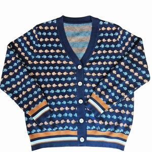 Women's V-Neck Button‎ Front Cardigan Sweater Navy Blue Fish Print Sz LARGE